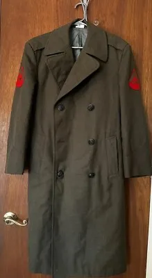 VTG USA Military Army Green Serge Wool Trench Coat Overcoat 36s Mens S Womens M • $65