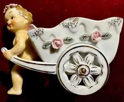 Vintage Napco Japan Ceramic Planter-Cupid Angel Cherub Pulling Wagon Cart-S209B • $20