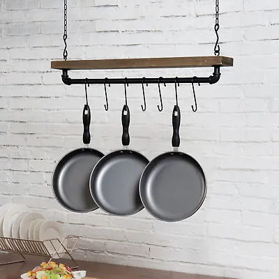 MyGift Industrial Pipe And Wood Ceiling Mounted Hanging Pot Rack With 8 S-Hooks • $59.99