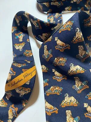 SALVATORE FERRAGAMO VINTAGE '90s DOGS ON COUCH TIE PUPPY DARK BLUE ITALY • $118.82