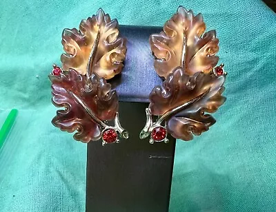 Vintage Molded LISNER Leaf Lucite Thermoset And Rhinestone Earrings. Signed • $28