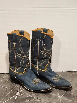 Vintage Justin Cowboy Boots Fort Worth Texas Blue Embroidered Denim Size 9 A • $189.99