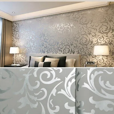 £10.95 • Buy 3D Silver Grey Damask Textured Wallpaper Living Room Background Sticker Roll 10M