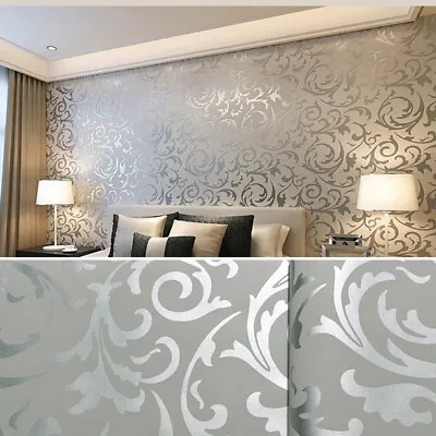 Silver Grey Damask Embossed Wallpaper Textured Victorian Home Decor Wall Paper • £8.95