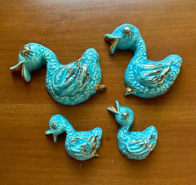 Vintage Ceramic Duck Wall Hangings Plaques Decor Blue Gold 4 Piece Kitsch Decor • $22