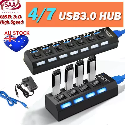 $19.89 • Buy 4/ 7 Ports USB 3.0 HUB Powered +High Speed Splitter Extender PC AC Cable Adapter