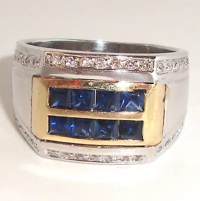 1.06ct Diamond & Sapphire Solid 14K Y/W Gold Men's Ring Fine Jewelry • $1950