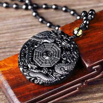 Obsidian Carving Wolf Yin Yang Dragon And Phoenix Necklace Top Lucky AU N7Y2 • $7.25