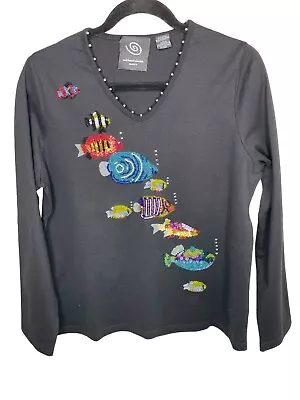 1147. Michael Simon Event Beaded Fish Design Long Sleeve Vintage CUTE Sz L • $34