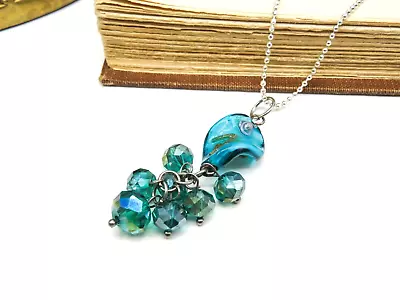 Silver Tone Blue Murano Glass Crystal Bead Tassel Pendant Necklace RR28 • $9.99