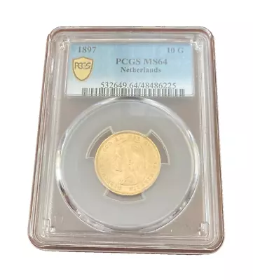 Netherlands 1897 Gold 10 Gulden PCGS MS64 • $625