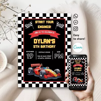 Race Car Birthday Invitation Personalised Birthday Invites Party DIGITAL • $5