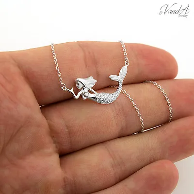 Sterling Silver 925 Mermaid Necklace Shiny Sea Creature CZ Pendant Necklace N68 • $42.99