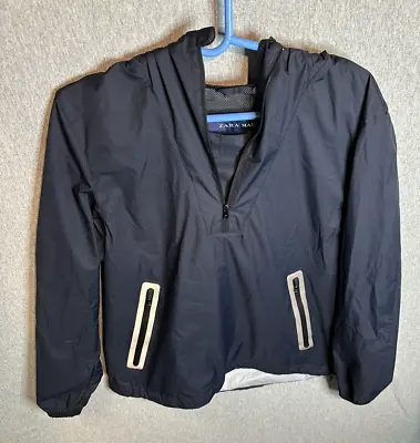 Zara Man Jacket Raincoat Parka Medium Polyester Zipper Blue Hoodie Pockets. • $26.88