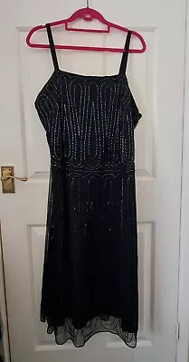 Gorgeous Etam Size 18 1920's Style Dress Black & Black Beaded Drop Waistline  • £19.99