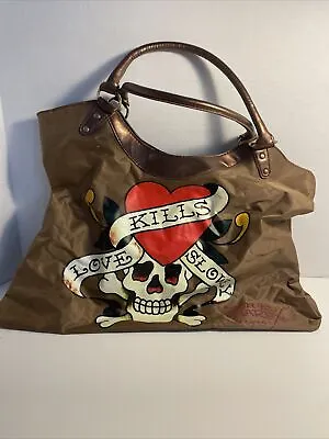 Ed Hardy 'Love Kills Slowly' Bronze Vintage Printed Tote Bag • $22.99