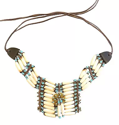 Indigenous Native American Bone & Turquoise 4-Strand Choker Necklace Leather Tie • £38.58