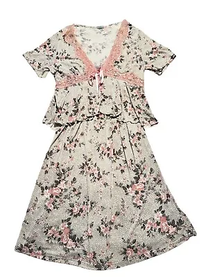 D'Nite Nursing Gown & Peplum Jacket M Pink Gray Baby Breastfeeding Cottage Chic • $24.97