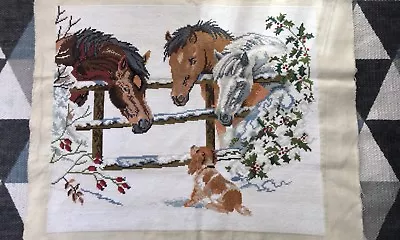 Artwork Cross Stitch Completed Finished Picture Horses And Dog For Wall Decor • £100