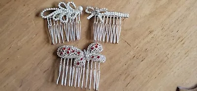 Vintage Butterfly Bow  Hair Comb Red Rhinestone’s Faux Pearls Set 3 • $10
