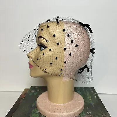 Vintage Black Birdcage Veil Velvet Polka Bots & Bows Womens Headpiece Fascinator • $39.98