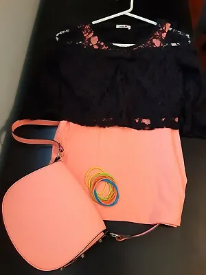 80's Costume! SMALL BLACK FLORAL LACE TOP W/ LINING Orange Tank & Purse! • $7.99