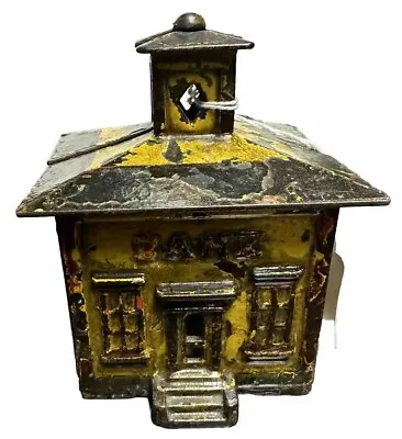 1800s Antique J & E Stevens CAST IRON BANK Still Building Cupola Yellow 4.5” • $198