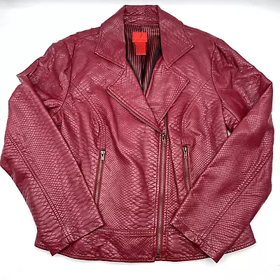 V Cristina Dark Red Faux Croc Snakeskin Zip Up Moto Jacket Women's Size L • $24