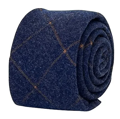 £15.99 • Buy Frederick Thomas Designer Tweed Wool Mens Tie - Navy Blue & Orange Check Skinny