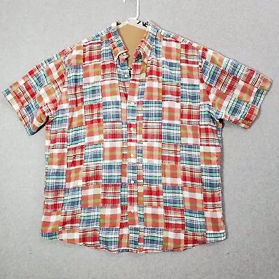 Lands End Men Button Up Shirt XL Blue Y2K Patchwork Madras Plaid Short Sleeve • $17.88