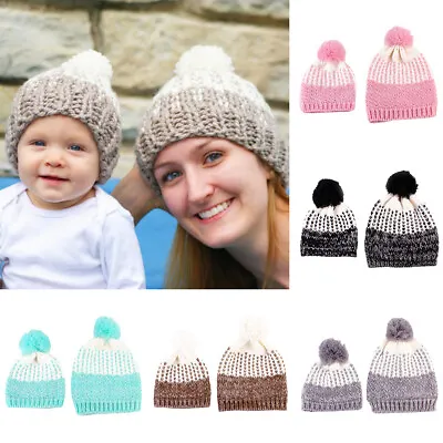 £5.89 • Buy Winter Novelty Warm Novelty Mom+Baby Knitted Pom Bobble Hat Crochet Ski  