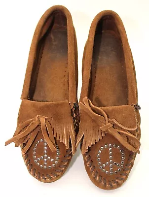 MINNETONKA Womens Suede Leather With Peace Sign Moccasins Boho Hippie Size 7 • £17.58