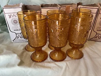 $30 • Buy 6 Vintage Duz Brockway American Concord Footed Amber Goblets In Original Box