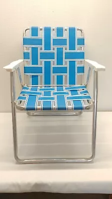 Vintage Webbed Aluminum Frame Folding Lawn Patio Chair! Blue & White! • $52.99