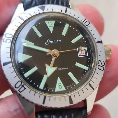 Vintage Endura Diver's Watch 17 Jewel Manual In Most Beautiful Condition Found! • $189