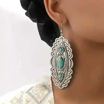 Boho 925 Sterling Silver Vintage Tibetan Tibet Turquoise Dangle 4  Hook Earrings • $15.74