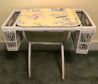 White Wicker Bed Breakfast Lap Tray W/2 Pockets + Floor Stand ~ Vtg. Shabby Chic • $125