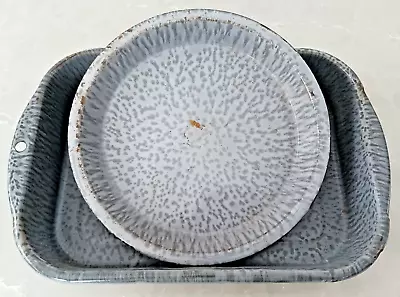 Lot Of 2 Vintage Gray Speckle Enamelware Graniteware Pie & Rectangular Pan • $29.99