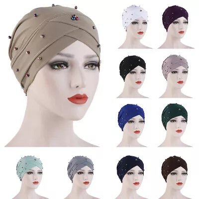 Women Beads Hair Loss Scarf Cancer Chemo Cap Muslim Turban Hat Hijab Head Wrap🔺 • £3.59