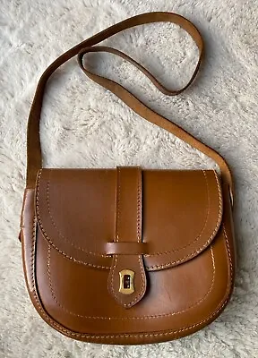 Vintage Tan Brown Leather Rounded Square Saddle Satchel Shoulder Bag • £14.99