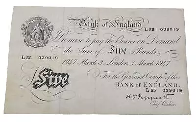 Bank Of England 3rd March 1947 Five 5£ Pound Banknote Beale  L55 039019  Bill • $159.99