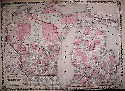 1863 Map ~ MICHIGAN - WISCONSIN ~ Authentic Johnson Atlas Map (18x26)-#015 • $48.88