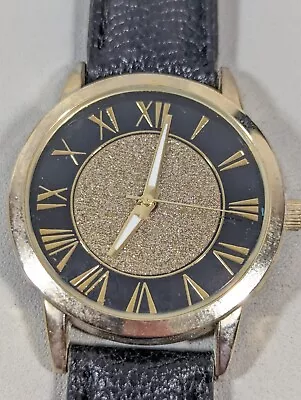 Croton Manhattan Gold Shimmery Dial Round Case Black Faux Leather Band Watch • $13.99