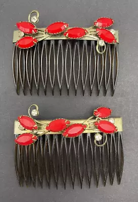Vintage Hair Combs Gold Metal Red Thermoset Plastic Rhinestones  1950s Set Of  2 • $33.60
