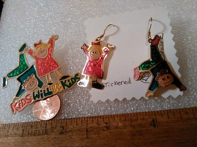 $5 • Buy Vintage Jewelry Set Brooch & Earrings  Kids Will Be Kids  Enameled Metal