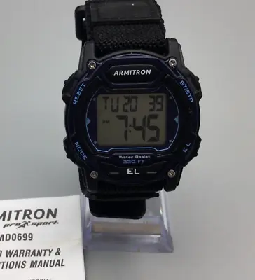 Armitron Digital Watch Men Black Blue 41mm Alarm Backlight Nylon Band A2 • $22.49