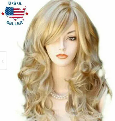 Womens Golden Blond Heat Resistant 23  Long Curly Wavy Full Volume Wig USA;. • $19.95