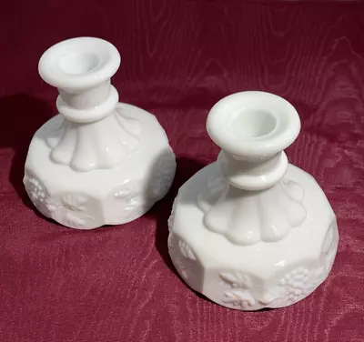 Vintage Westmoreland Milk Glass Paneled Grape Candle Holders Set Of 2 WG Marked • $11.54