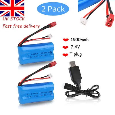 2x 7.4V 15C 1500mAh Battery Pack T Plug Deans For WLtoys 4WD RC Cars Replacement • £21.99