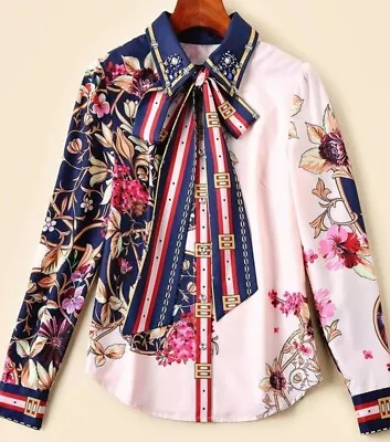 Ladies Pink Blue Design Floral  Print  Pussy Bow Neck Tie Top Shirt Blouse 8  10 • £48